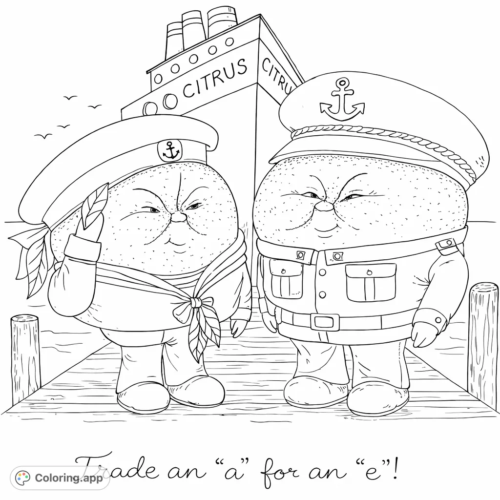 Explore the high seas with this charming nautical citrus coloring page featuring a captain and sailor fruit on a dock with a grand ship in the background. Fun for all ages!