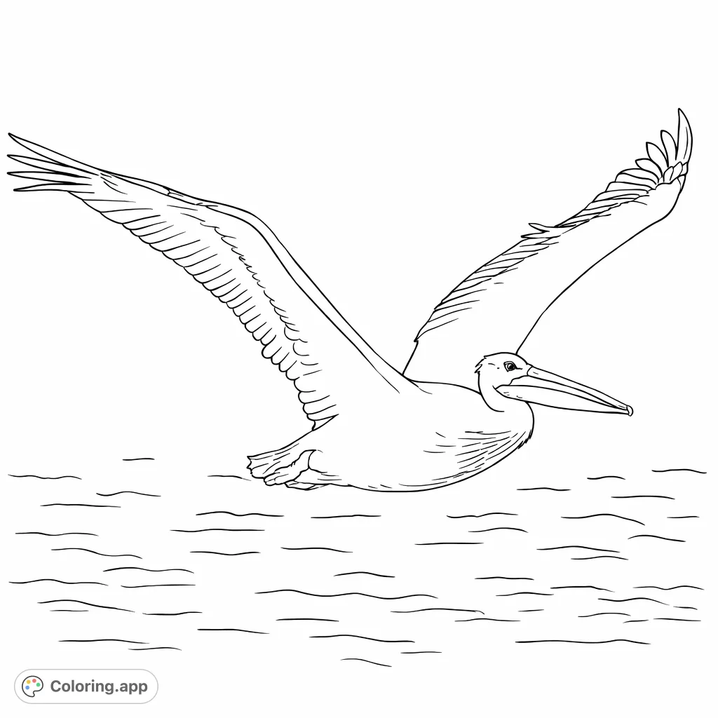 Capture the majesty of a pelican in flight over water with this nature-inspired coloring page. Focus on its powerful wings and elegant form.