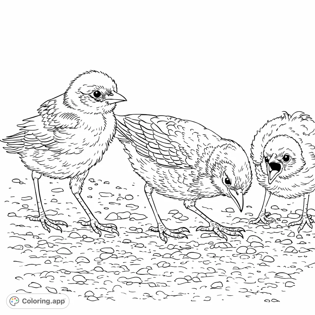 Discover three charming young birds amidst a pebbled landscape. Perfect for exploring natural textures and avian forms, this free printable bird coloring page offers a delightful scene.