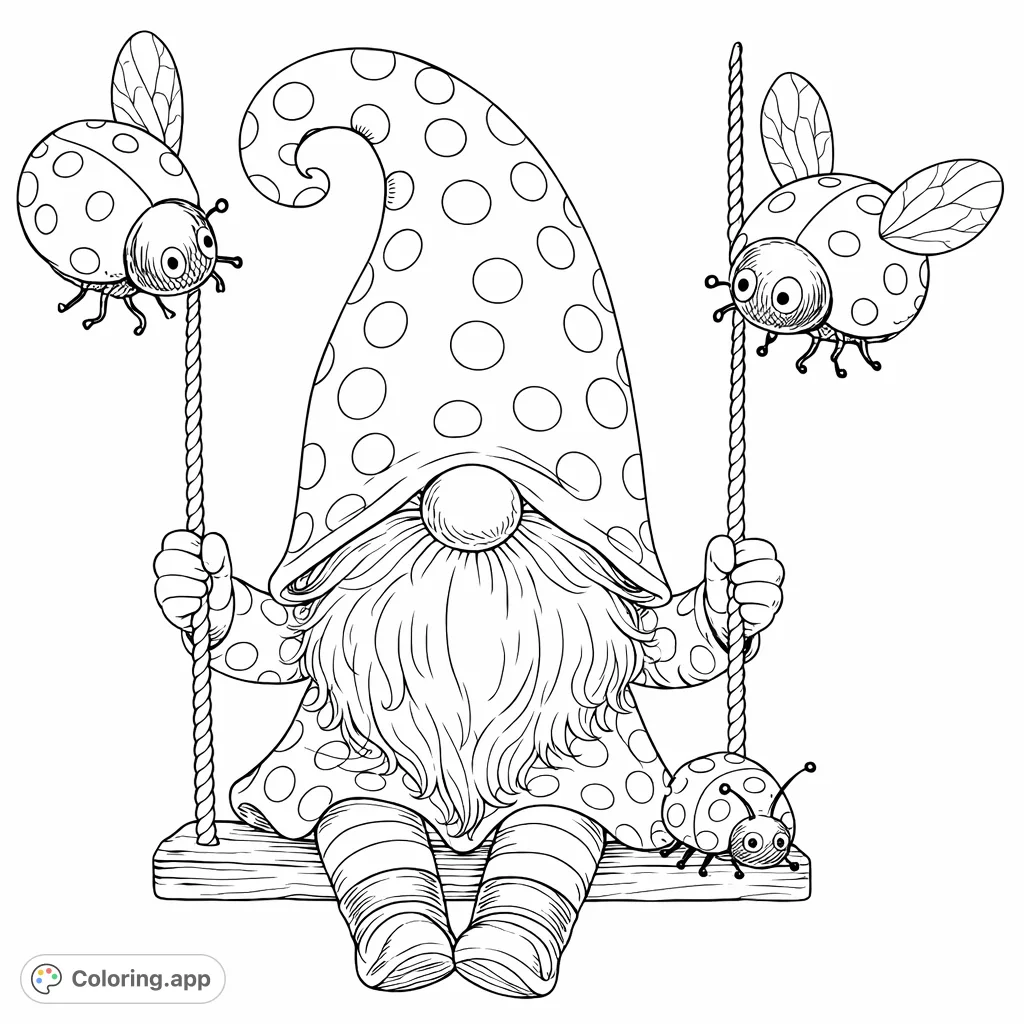 A cheerful gnome with a polka-dot outfit swings playfully, surrounded by delightful spotted insects. A charming scene for all ages to bring to life.