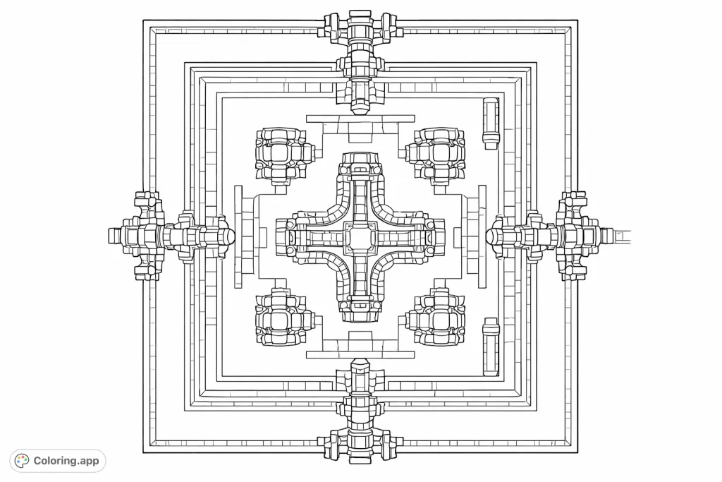 Explore a detailed, symmetrical stone mandala architectural plan, perfect for mindful coloring. Intricate patterns and geometric shapes create a captivating design.