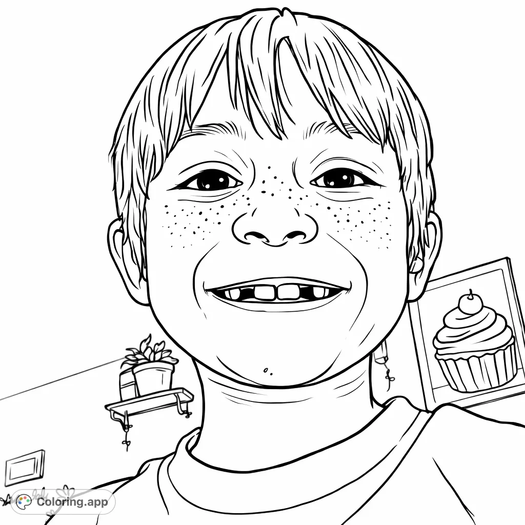 Capture a joyful moment with this free printable smiling child portrait coloring page! Featuring a cheerful face, freckles, and a playful gap-toothed grin.