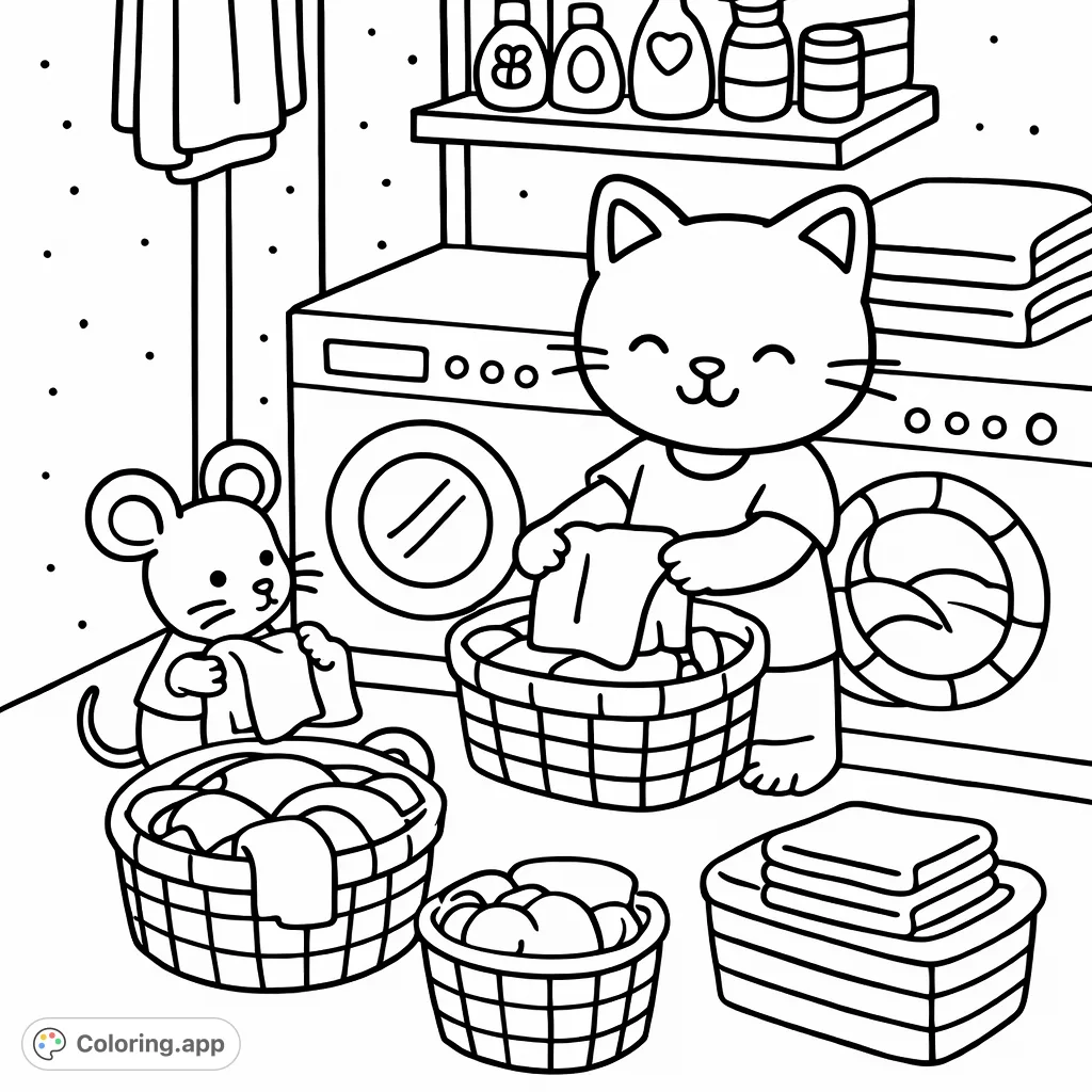 Help a cute cat and mouse with laundry day chores! This free printable laundry day coloring page showcases adorable animal friends making tidying up fun for all ages.