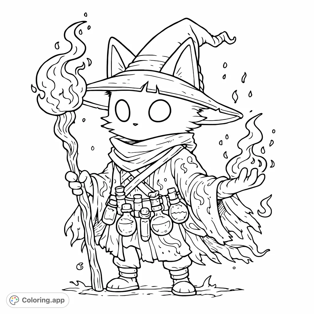 Unleash your creativity with this adorable cat wizard coloring page. Featuring a charming feline sorcerer casting spells, holding a staff, and adorned with potion bottles.