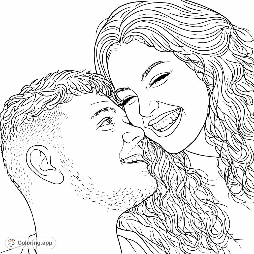 Capture a moment of joy with this couple coloring page. Two individuals share a broad, happy smile, their faces close in a tender connection.