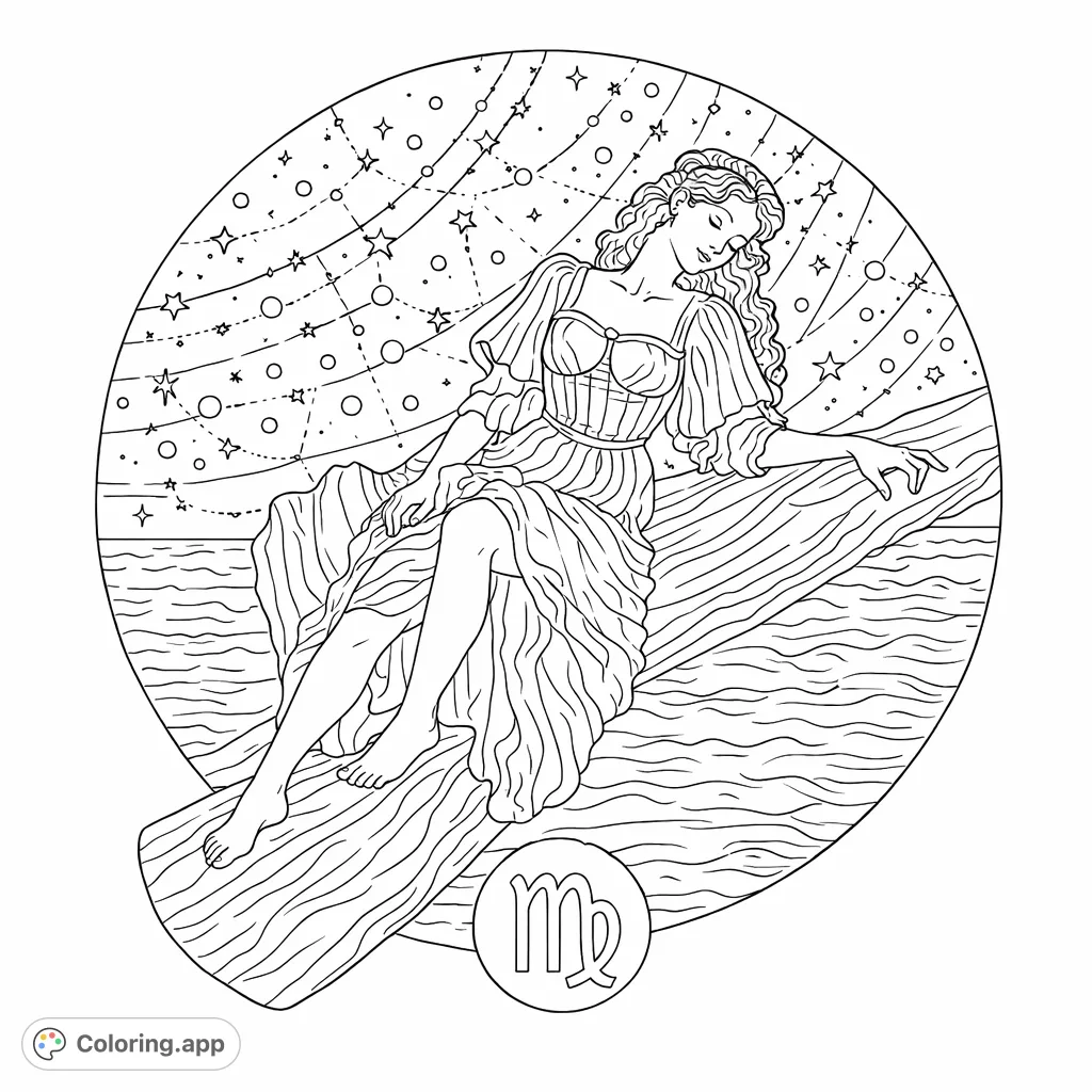 An elegant celestial maiden representing Virgo, resting serenely on a textured log under a sky filled with radiating stars. A beautiful zodiac coloring page for relaxation.