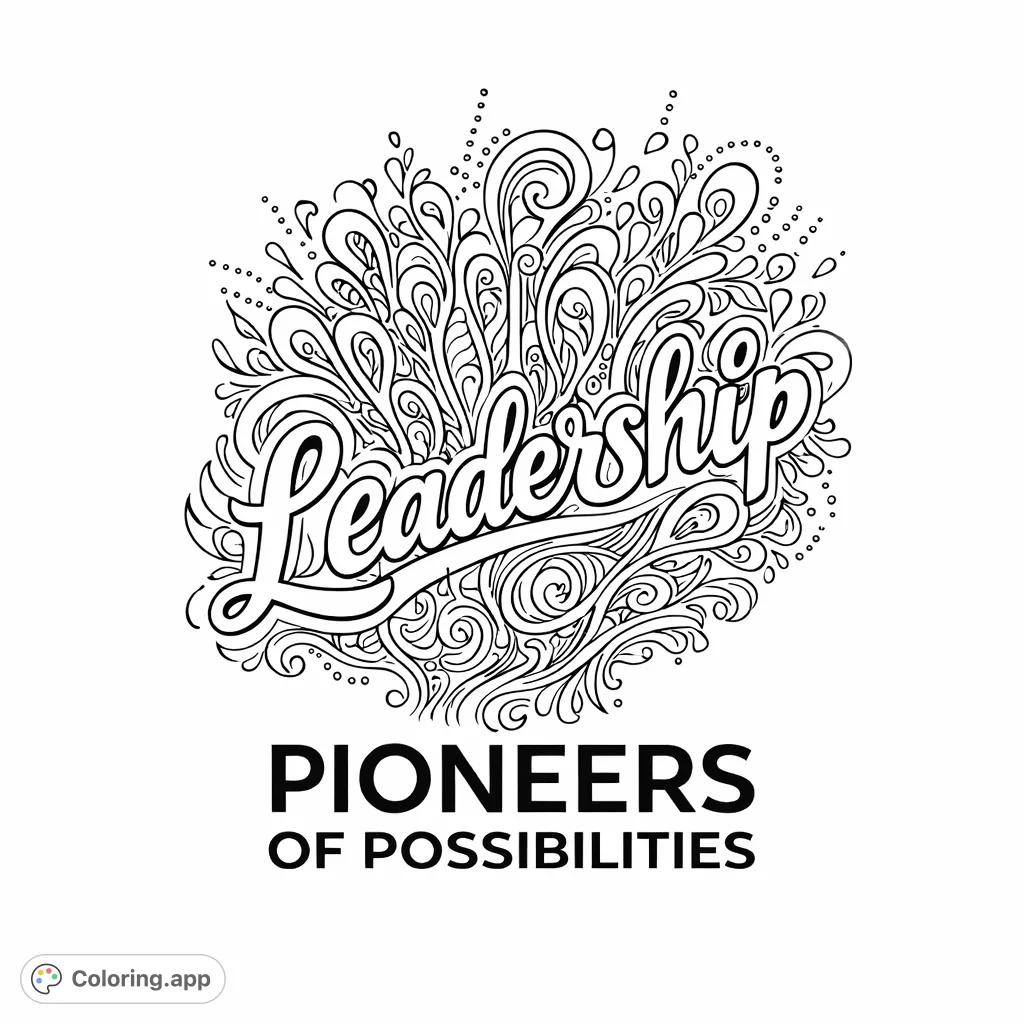 Elaborate "Leadership" script surrounded by intricate bursting flourishes and "Pioneers of Possibilities" text. A detailed motivational design.