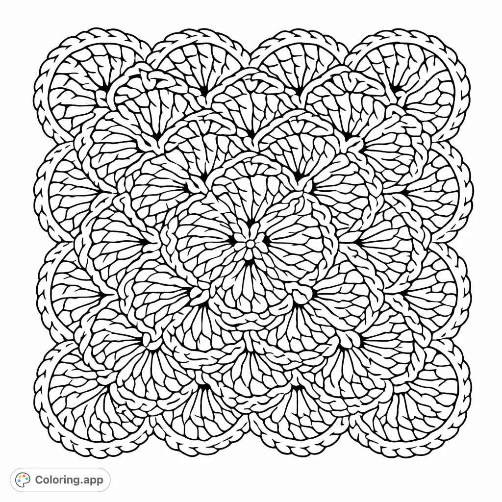 A charming cartoony crochet granny square with a central floral motif and scalloped edge, perfect for creative expression. This free printable coloring page offers a delightful design for all ages.