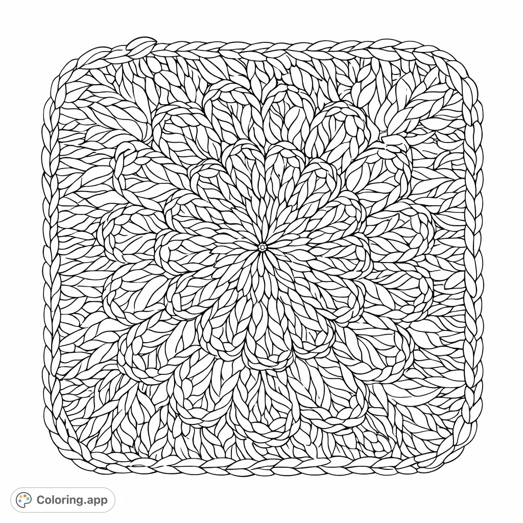 Intricate crocheted floral square design with layered stitches, perfect for a relaxing coloring experience for all skill levels. A detailed craft-themed page.