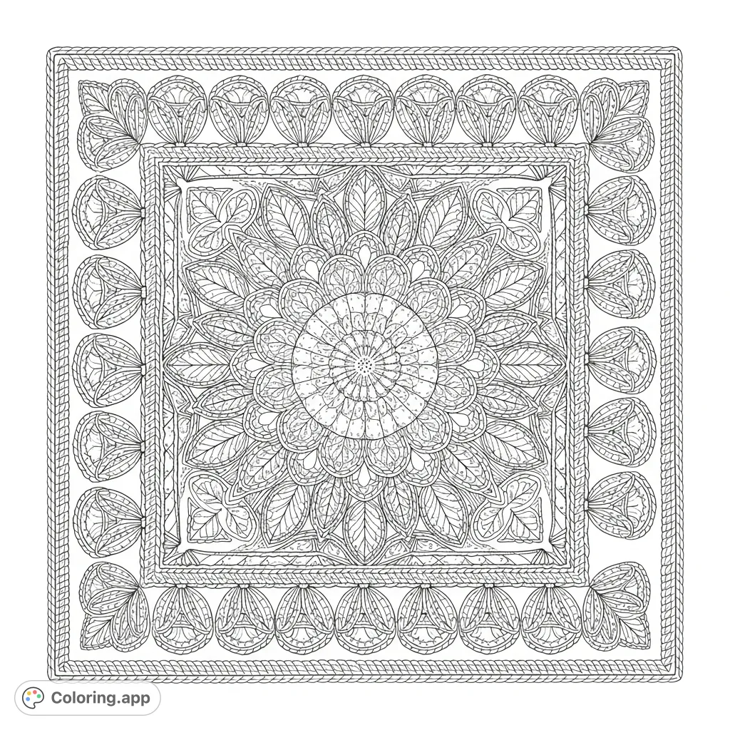 Explore the intricate beauty of a crocheted sunburst flower granny square. This detailed design features a central flower and geometric patterns for creative coloring.