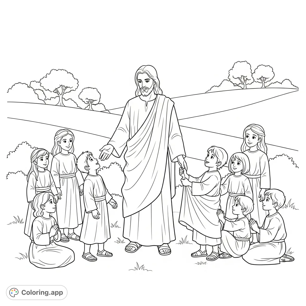 A heartwarming depiction of Jesus surrounded by smiling children, set on a serene grassy hill. A gentle scene inviting peaceful reflection and creative coloring.
