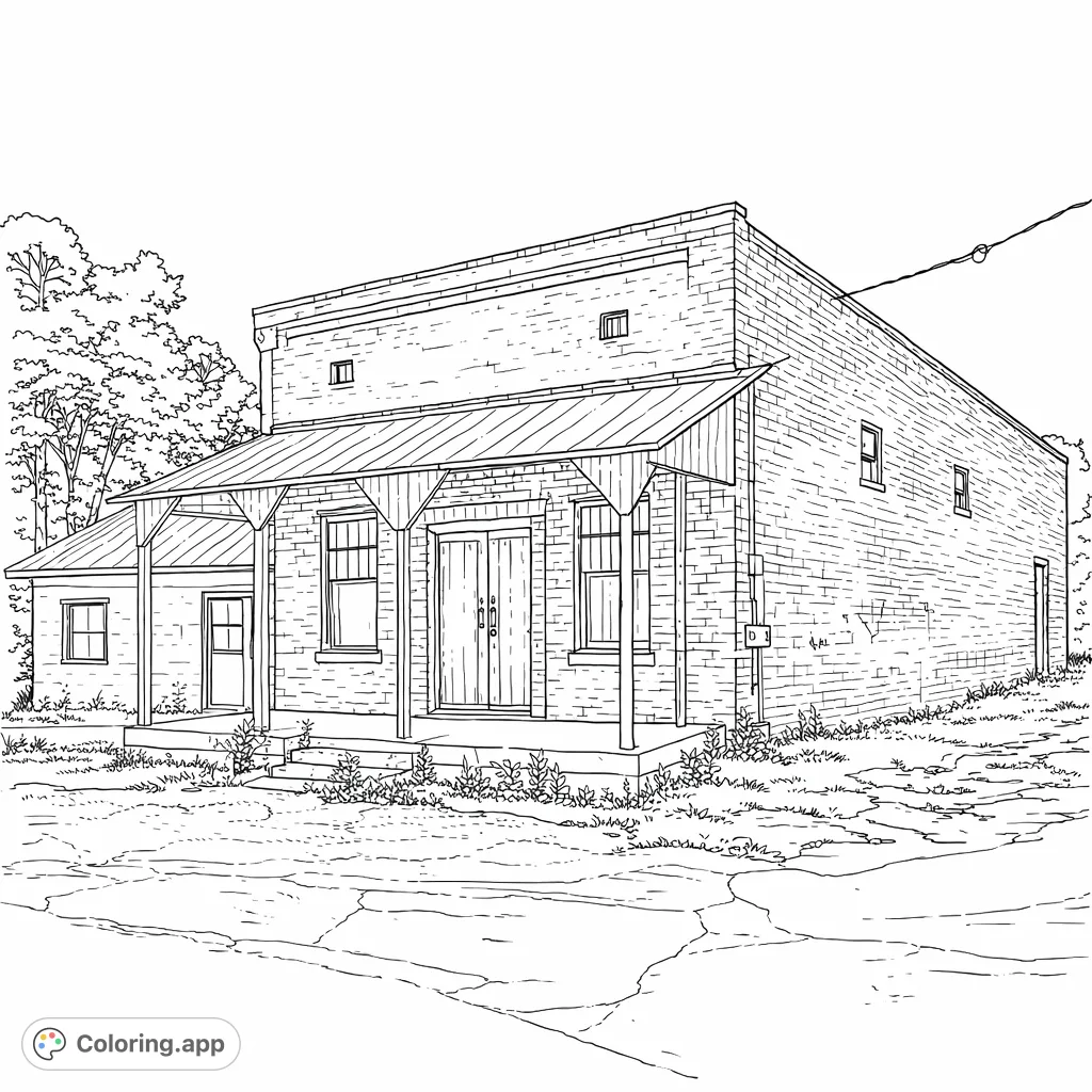 Explore an old, weathered brick building with a metal awning and boarded-up windows, hinting at forgotten stories. Features textured surfaces and overgrown foliage.