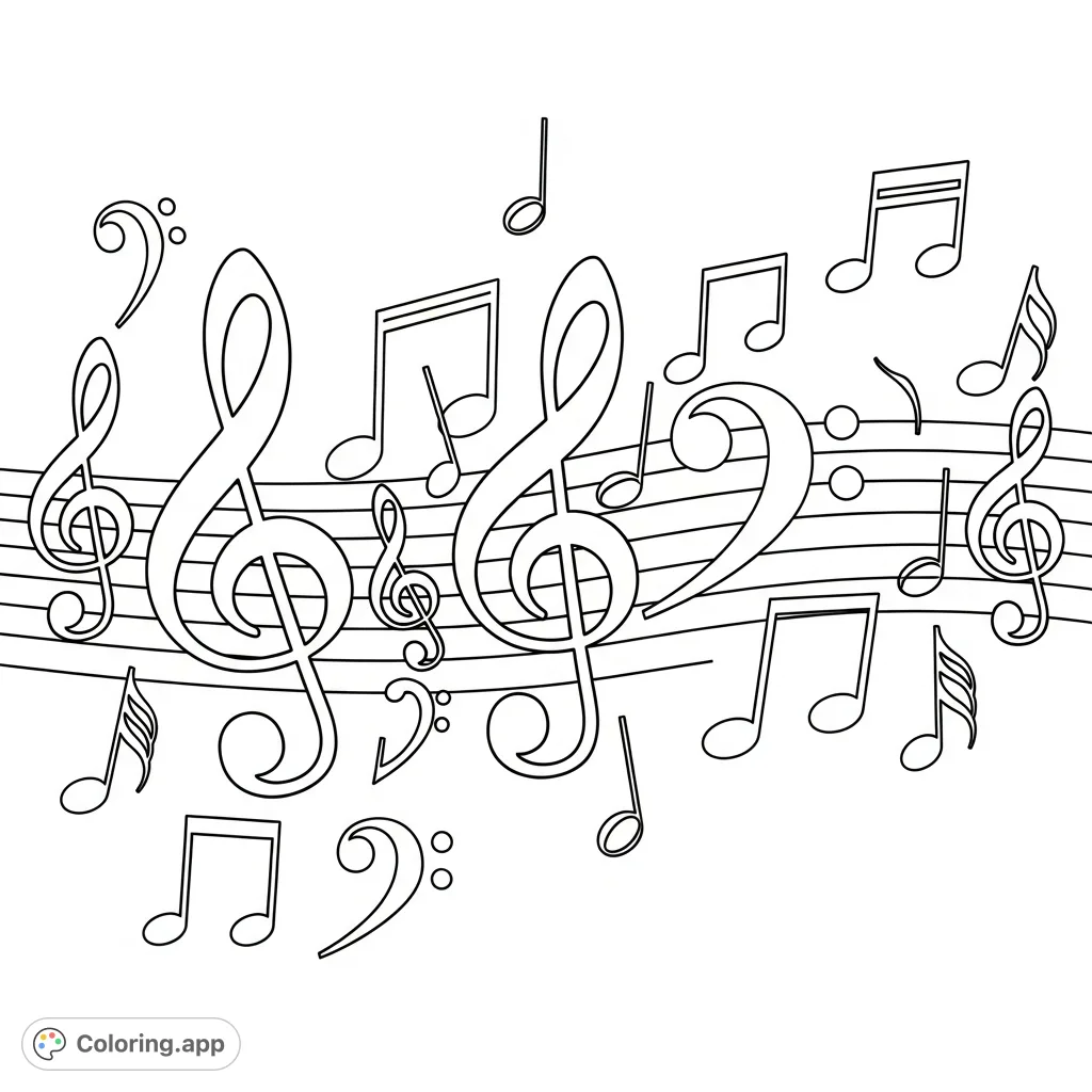 Immerse yourself in the rhythm with this musical notes coloring page! Features a dynamic array of notes, clefs, and staff lines for a creative journey.