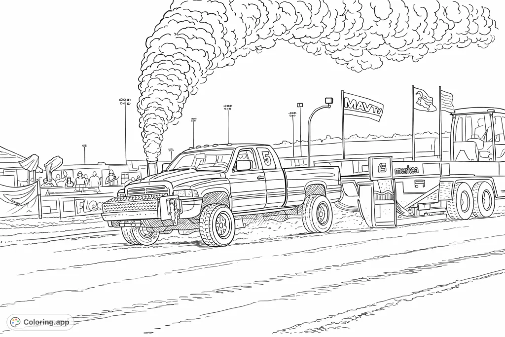 Experience the raw power of a diesel truck pull. This page features a robust truck amidst a cloud of exhaust, perfect for enthusiasts of mechanical might and speed.
