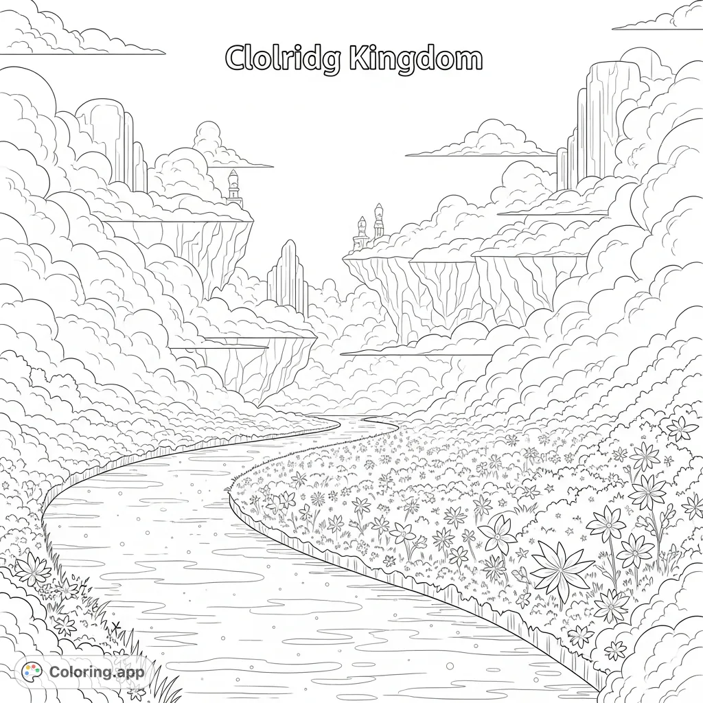 A magical Cloud Kingdom scene featuring a shimmering river winding through a Starlight Meadow, surrounded by ethereal cloud formations. Perfect for fantasy fans.