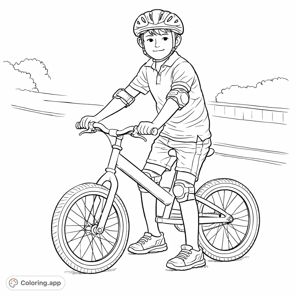 A dynamic coloring page featuring a child riding a bicycle, complete with helmet and protective gear, perfect for teaching road safety and encouraging outdoor fun.