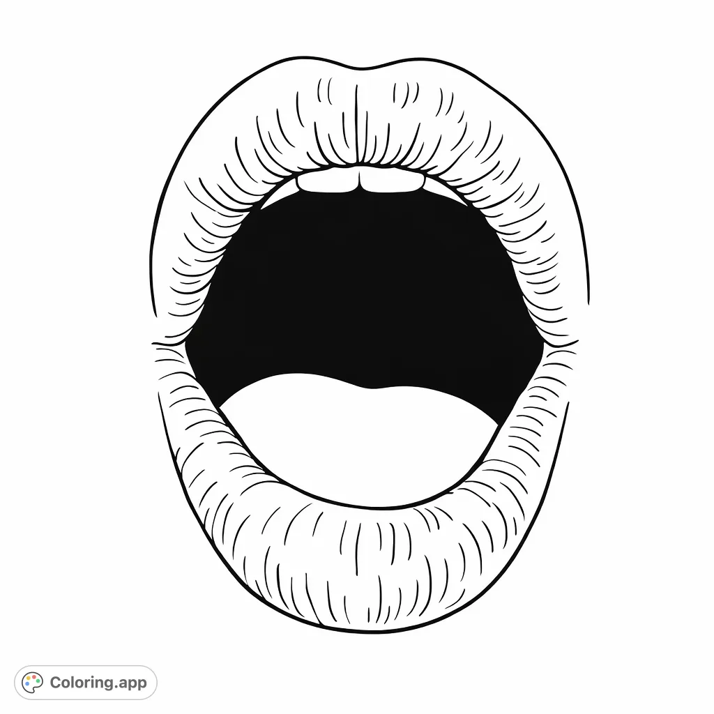 Explore the intricate details of a human mouth with widely parted lips. This unique human anatomy coloring page offers a focus on anatomical forms and realistic textures.
