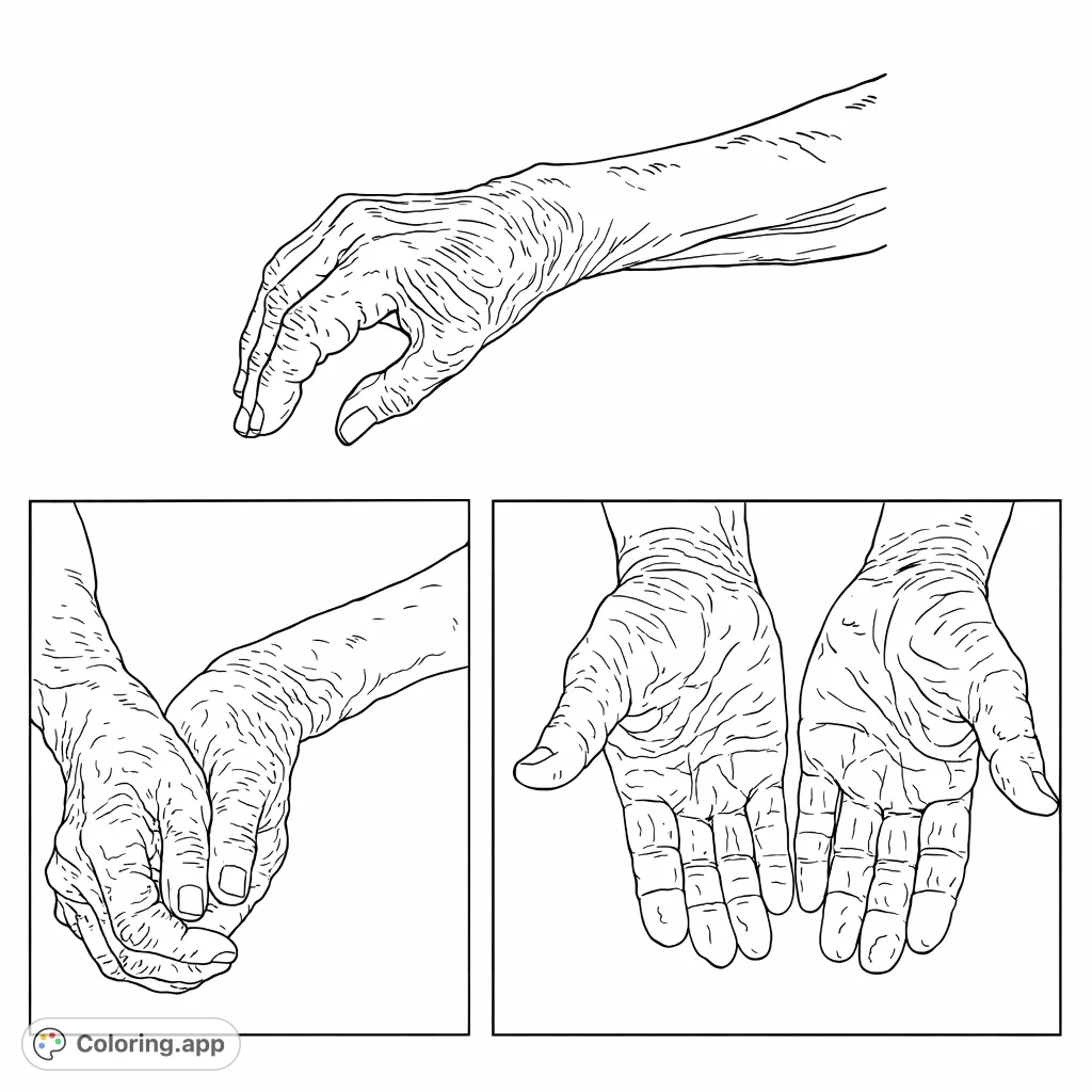 Explore the intricate details of a person's hands, full of character and wisdom, perfect for mindful coloring and artistic study.