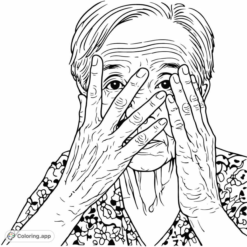 Discover a unique elderly person coloring page. A close-up portrait with hands covering the face, eyes peeking through fingers. Thought-provoking.