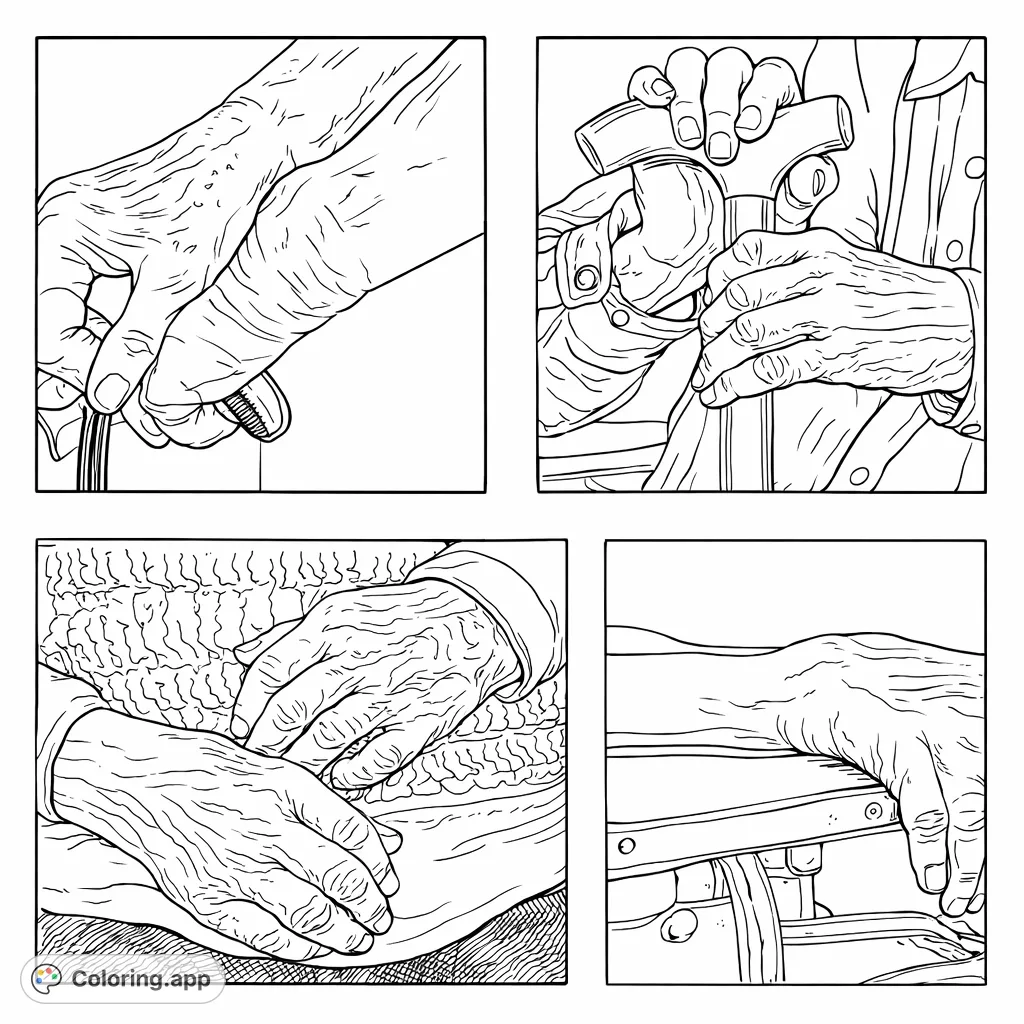 Explore the beauty of aging with this detailed coloring page featuring close-up views of elderly hands, showcasing intricate wrinkles and forms.