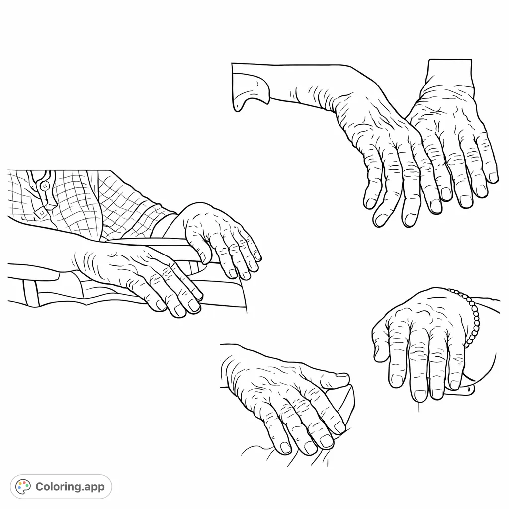 Explore the wisdom of age with this detailed coloring page featuring various views of elderly hands, showcasing intricate textures and profound character.