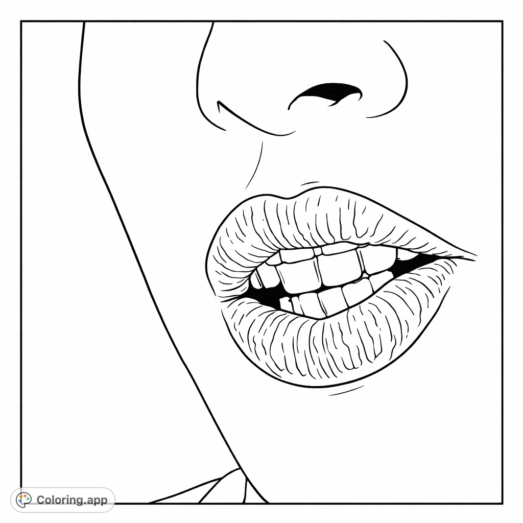 Explore the intricate details of a human mouth in mid-expression. This engaging coloring page invites you to bring lifelike textures and forms to lips and teeth.