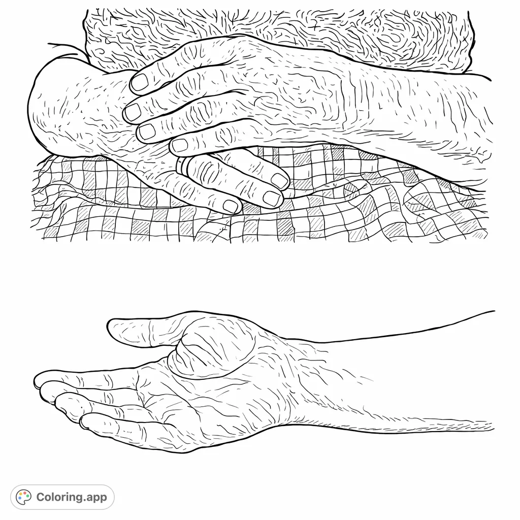 Explore the intricate details of aged hands, showing the wisdom of time and the gesture of offering, set against contrasting textures. A deeply human and contemplative piece.