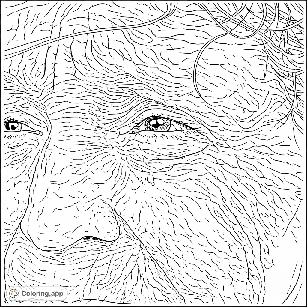 Explore the profound expression of an elderly face, featuring intricate wrinkles and visible tears. A poignant and detailed human portrait for thoughtful coloring.