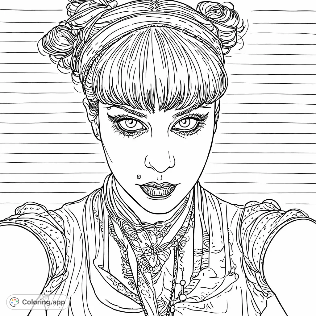 An expressive portrait featuring a person with unique hair buns, dramatic eye makeup, a lip piercing, and intricate attire, set against a corrugated background. A striking alternative coloring page.