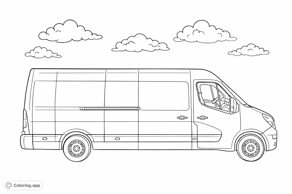 A detailed coloring page of a modern delivery van, perfect for vehicle enthusiasts of all ages. Customize its appearance and design a unique cargo carrier.