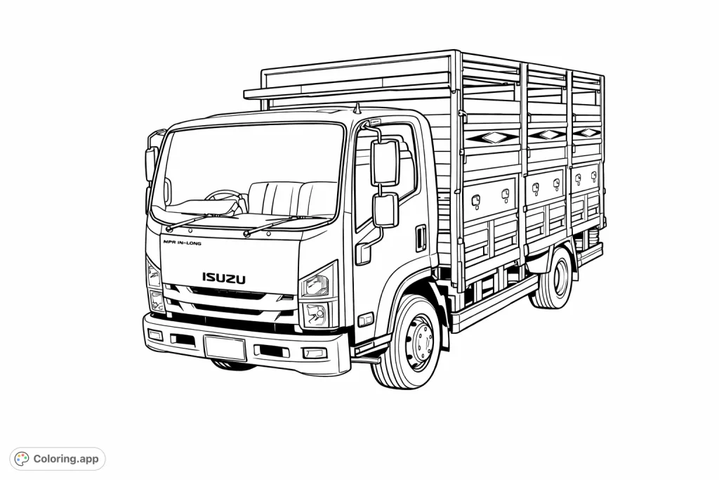 Detailed modern cargo truck ready for your creative touch! Explore the intricate design of the cab, wheels, and open cargo bed in this engaging vehicle coloring page.