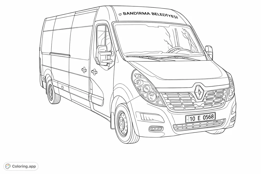 Color a detailed modern cargo van, featuring intricate grille work, headlights, and realistic vehicle contours, perfect for vehicle enthusiasts.