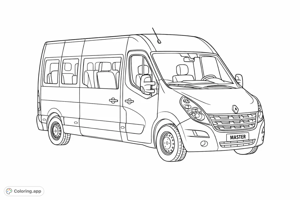 Color a detailed modern passenger van, perfect for road trips or urban scenes. This vehicle coloring page offers many sections for creative shading.