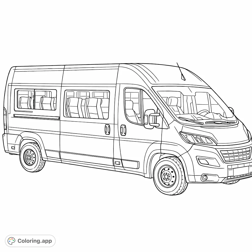 Color a detailed modern passenger van, perfect for vehicle enthusiasts and travel dreamers. Enjoy intricate lines and large spaces in this free printable coloring page.