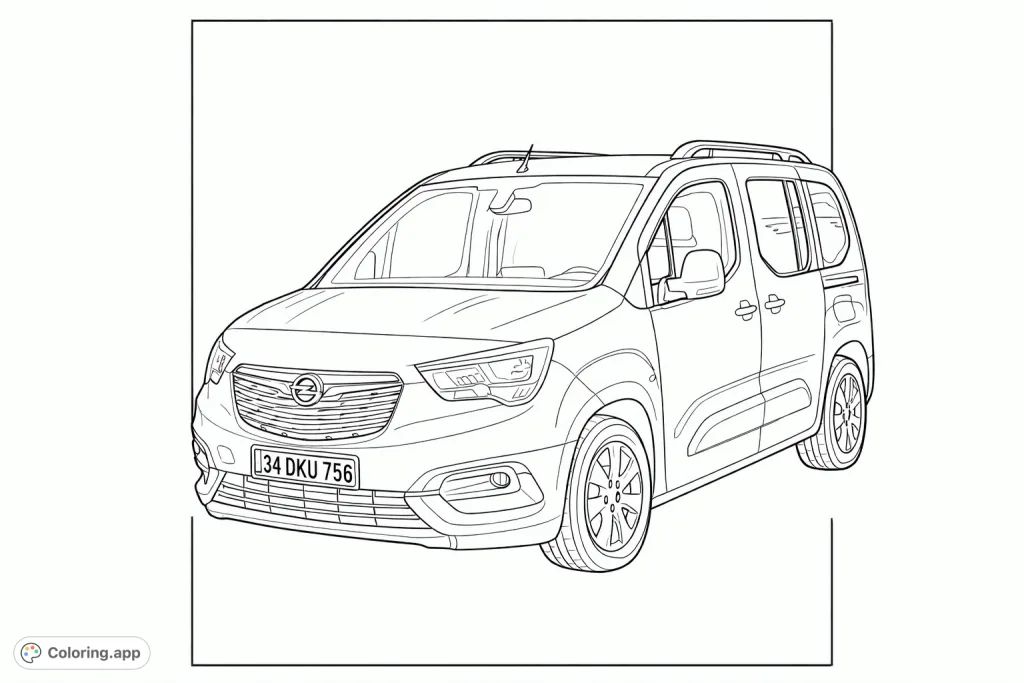A detailed modern van coloring page, perfect for vehicle enthusiasts. Features intricate grille, headlights, and wheels for engaging creativity.