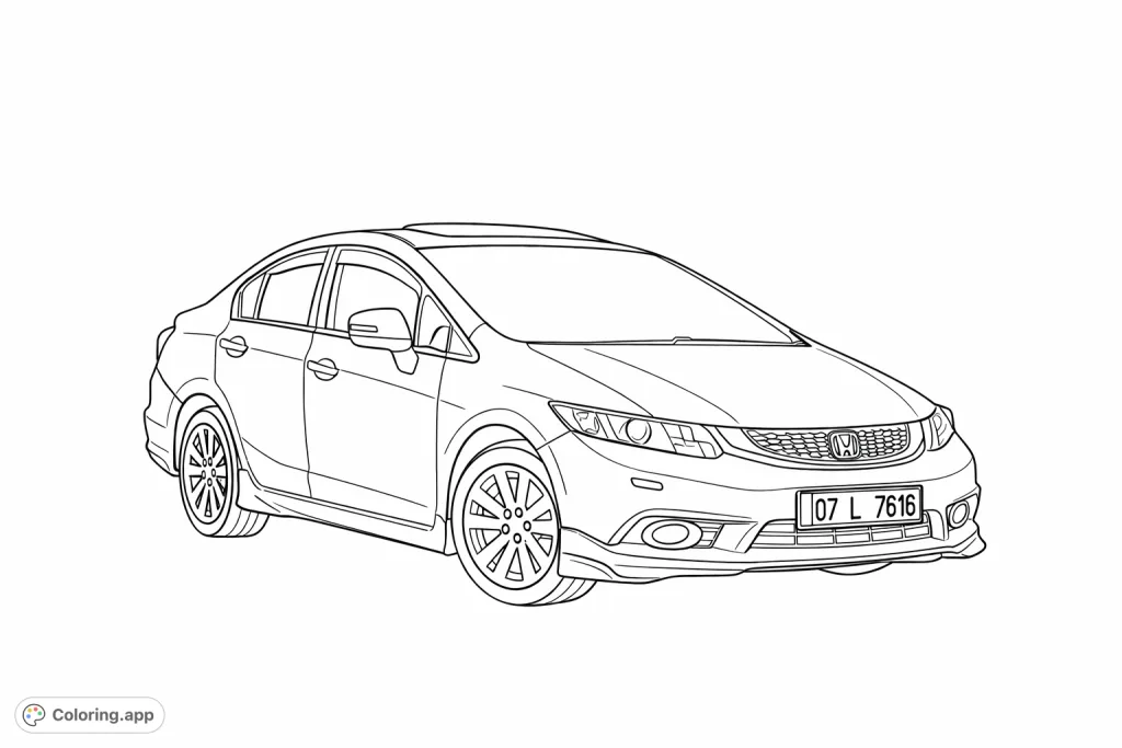 Color a dynamic modern sedan featuring sleek lines, intricate wheels, and detailed front components. Perfect for car enthusiasts of all ages.