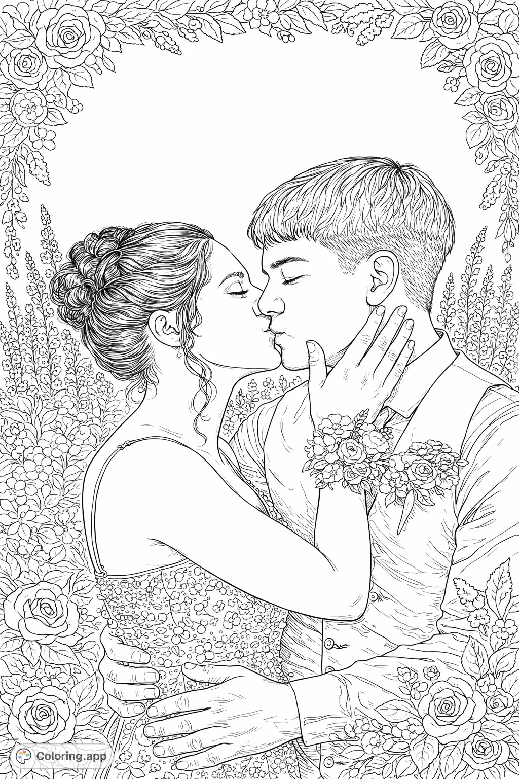 Capture a tender moment with this romantic couple's kiss coloring page. A detailed design, perfect for adults, featuring intricate patterns and a serene backdrop.
