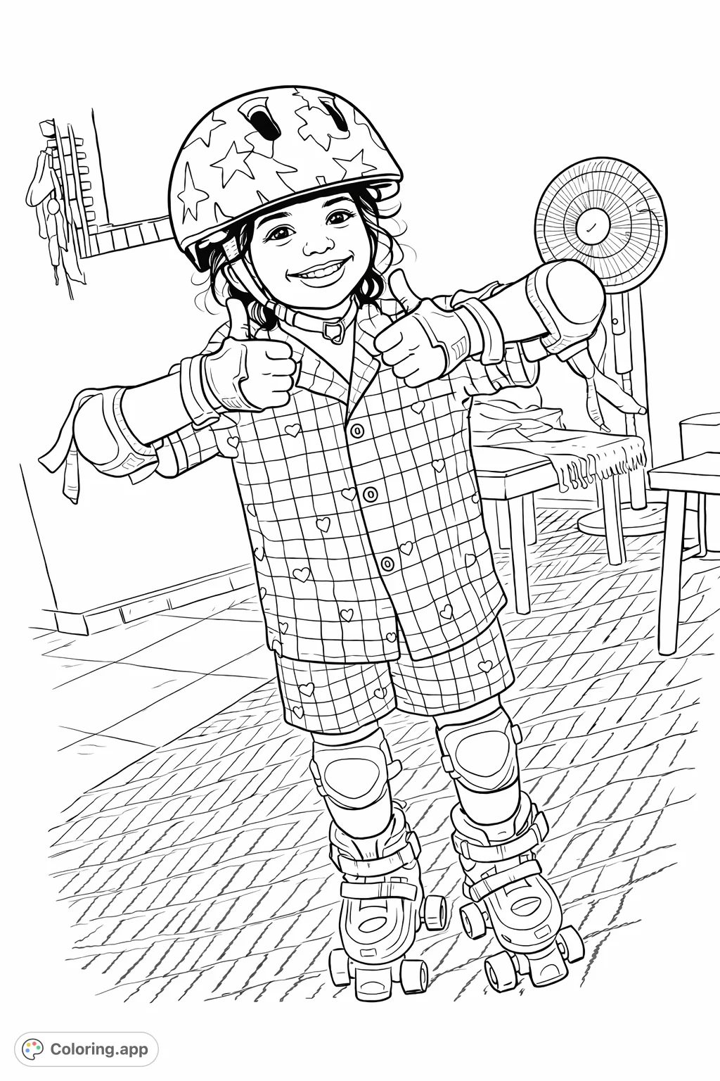 A cheerful child in full roller skating gear gives two thumbs up, ready for fun. Features patterned helmet, protective pads, and detailed skates on a patterned rug.