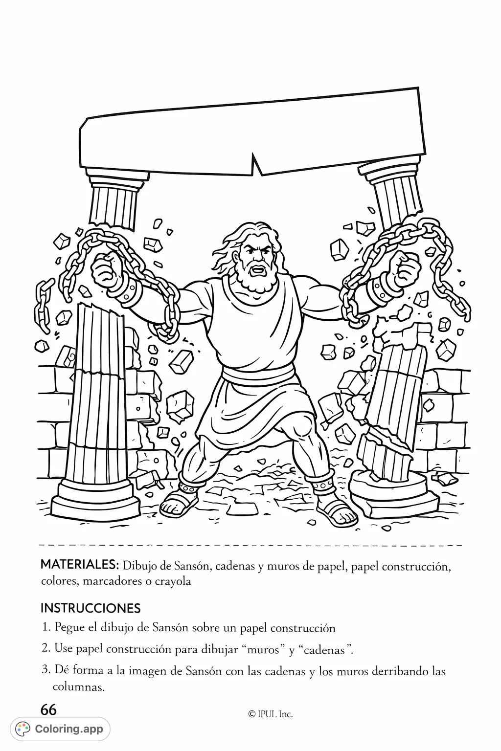 A dramatic ancient temple pillars coloring page, depicting two broken columns supporting a heavy beam. Perfect for a historical or biblical theme.