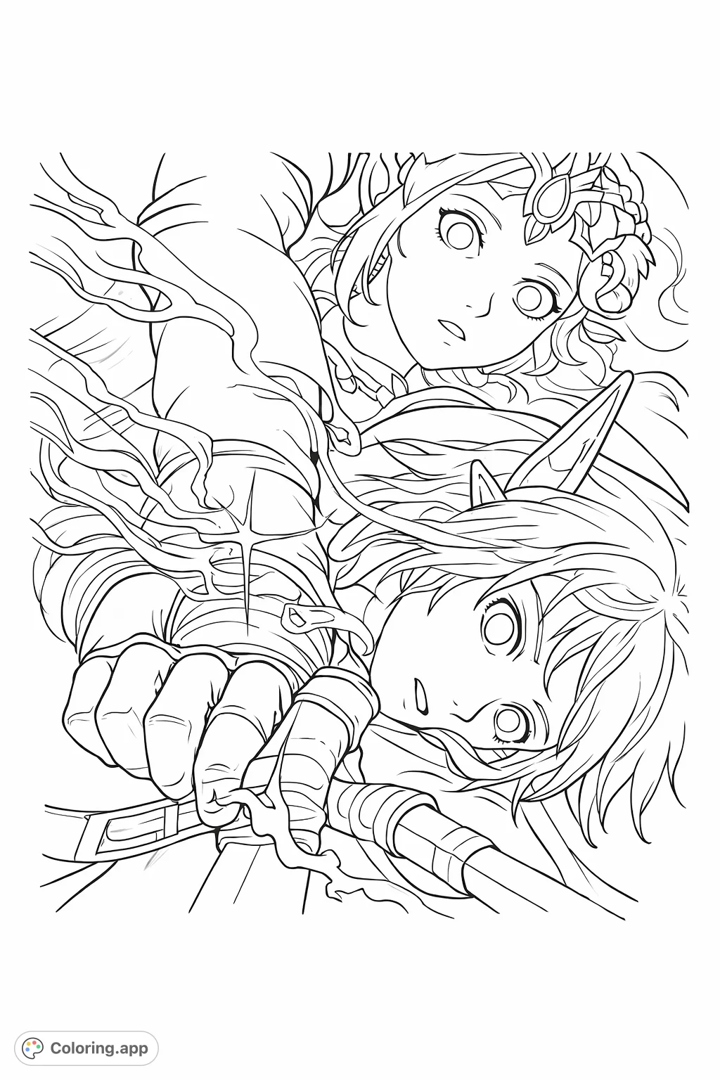 Two fantasy characters with intertwined forms and dynamic energy, perfect for imaginative coloring. A magical journey for all ages.