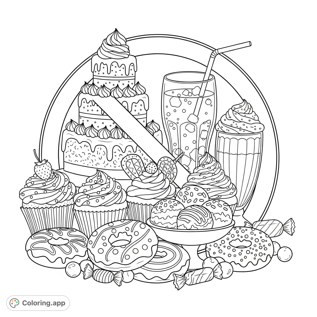 Explore a playful "No Sugar" coloring page featuring an array of delectable desserts and drinks, all crossed out by a prominent "no" sign.