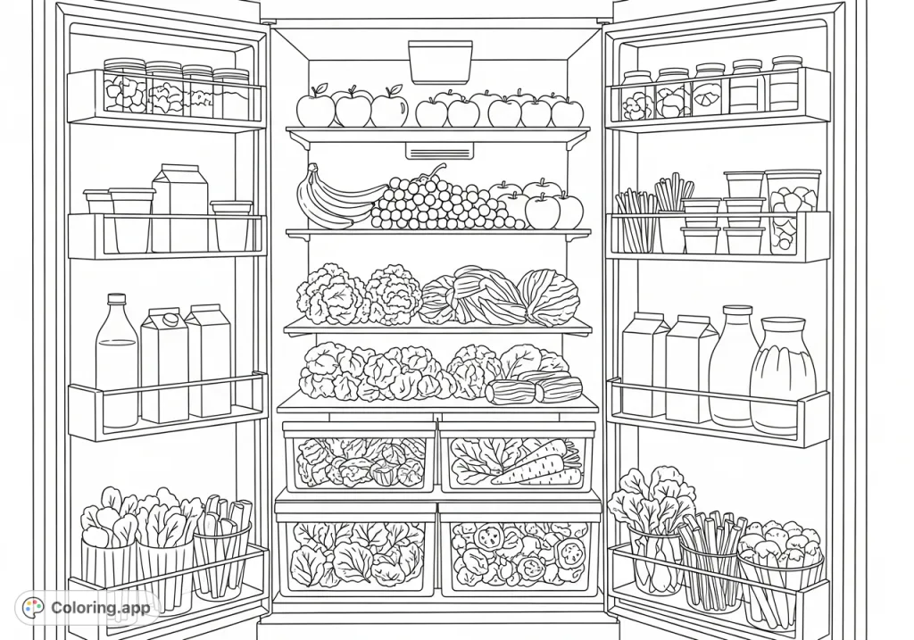 Explore a bounty of wholesome foods in this detailed refrigerator coloring page. A fun and educational scene for healthy eating.