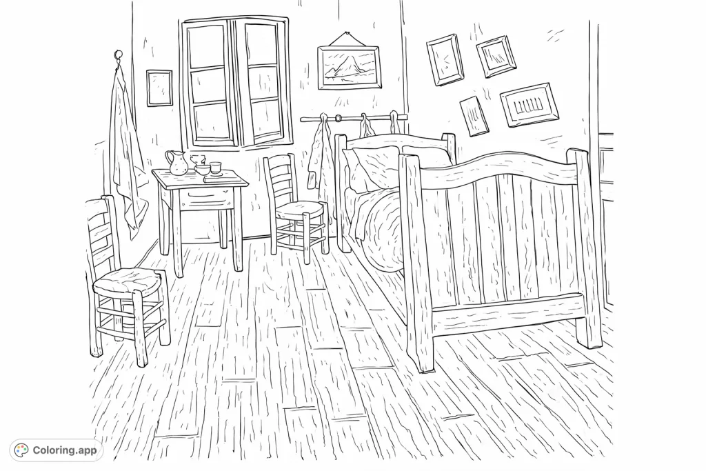 Step into a cozy artist's bedroom. This coloring page features a detailed bed, furniture, and wall decorations, offering a calming and creative coloring experience.