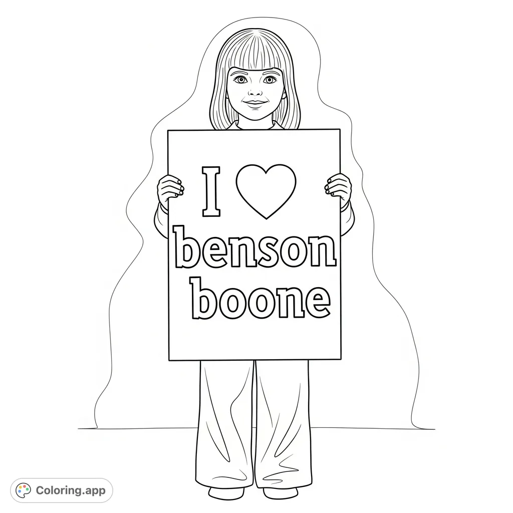 A joyful girl with bangs proudly displays a poster stating "I love Benson Boone," capturing fan devotion. Perfect for music lovers and expressive coloring.