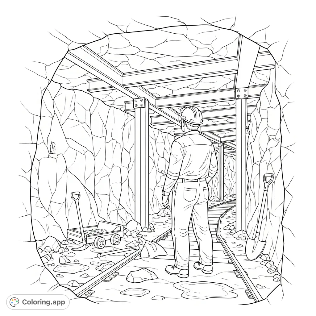 Explore an underground environment coloring page featuring a worker carefully surveying a mine shaft. A detailed scene for focus and creativity.