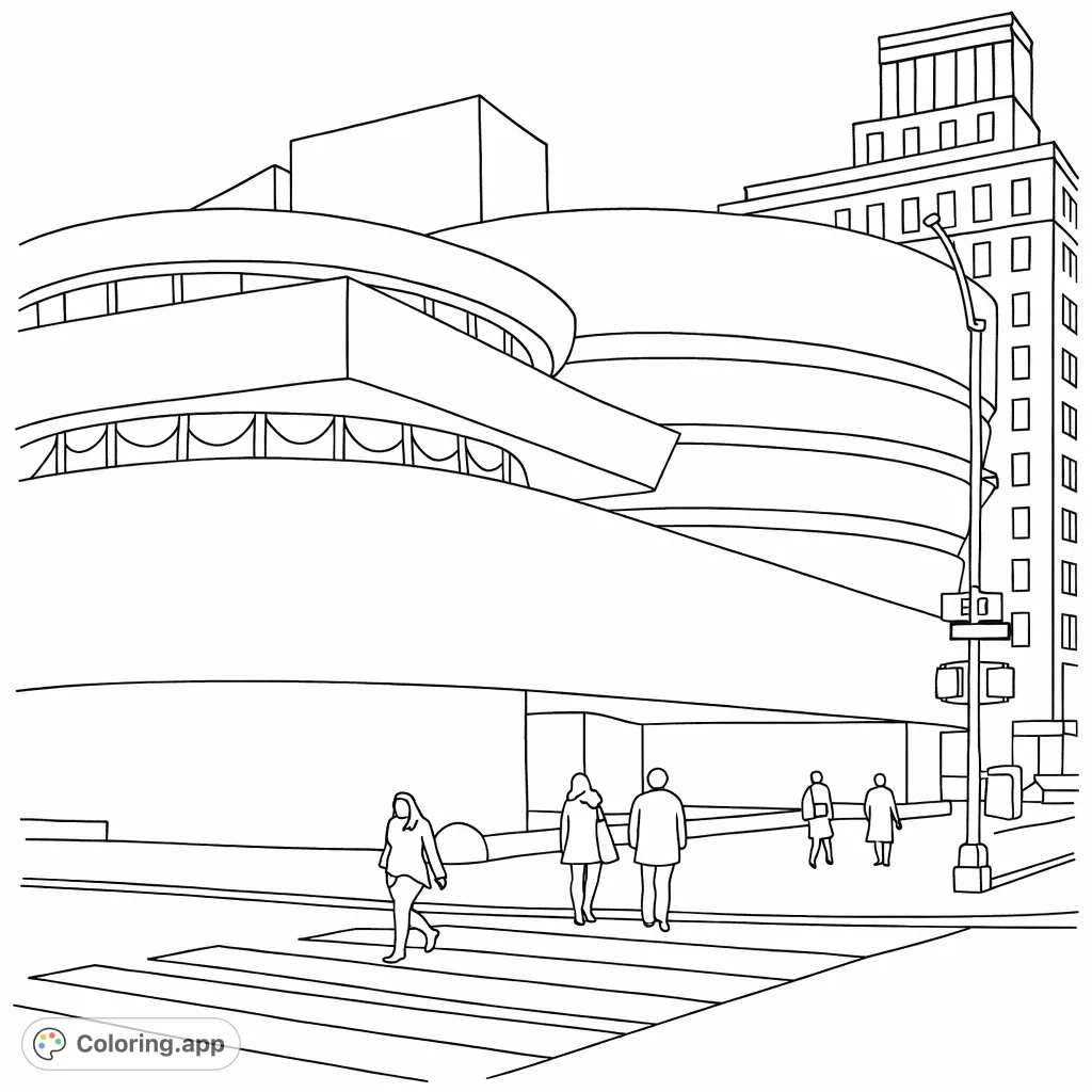 Explore the unique spiral architecture of a famous modern museum with people on the sidewalk. A simple and elegant cityscape for mindful coloring.