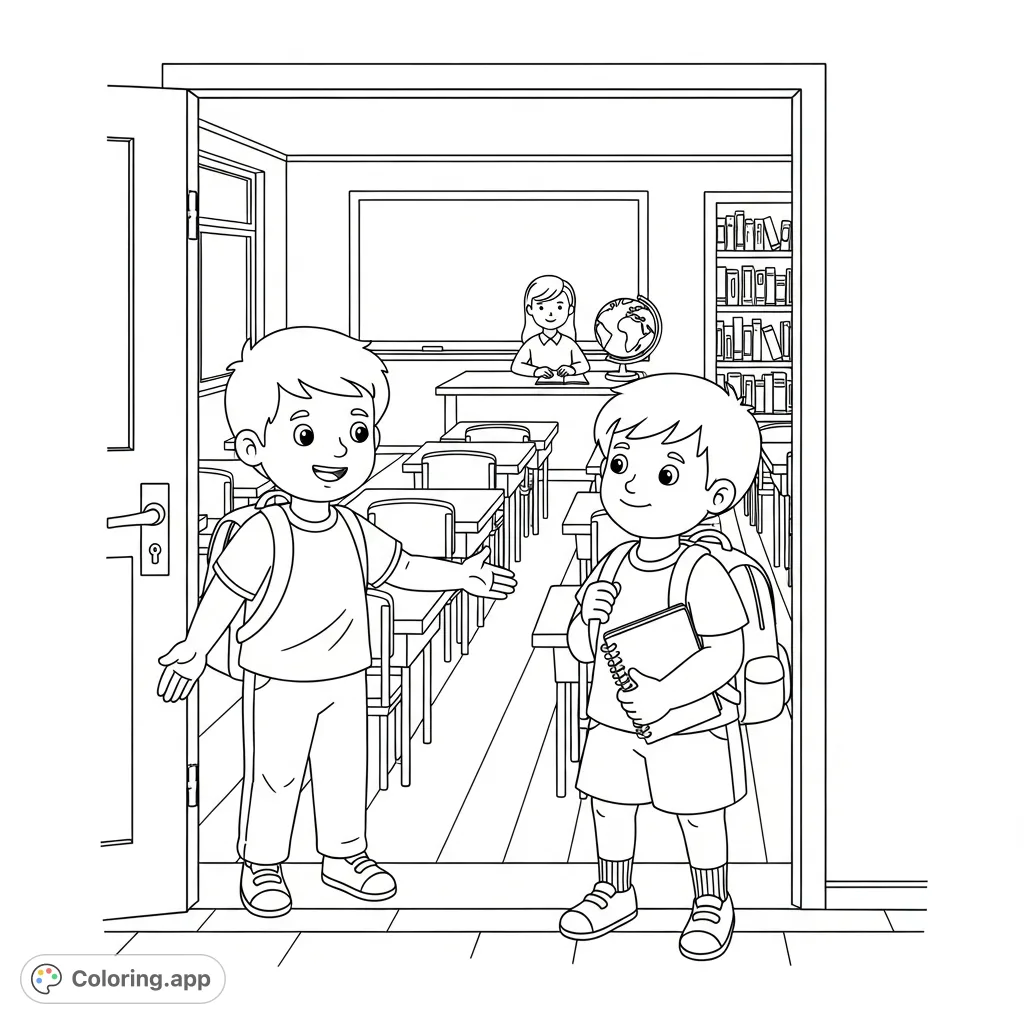 A heartwarming classroom welcome coloring page depicting two children, one extending a friendly hand to another by a desk and chalkboard. Perfect for social-emotional learning.