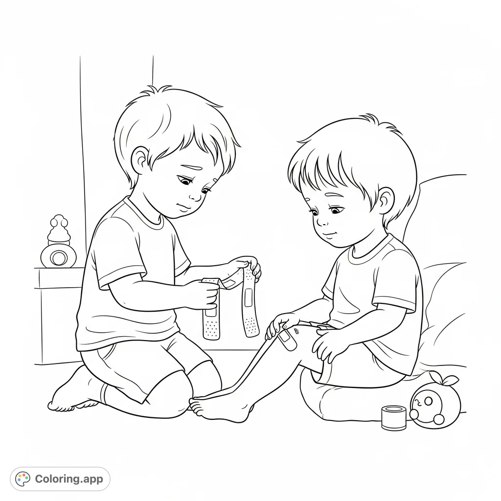A heartwarming free printable kindness coloring page featuring two children. One child gently applies a bandage to a friend's knee, teaching empathy and care.
