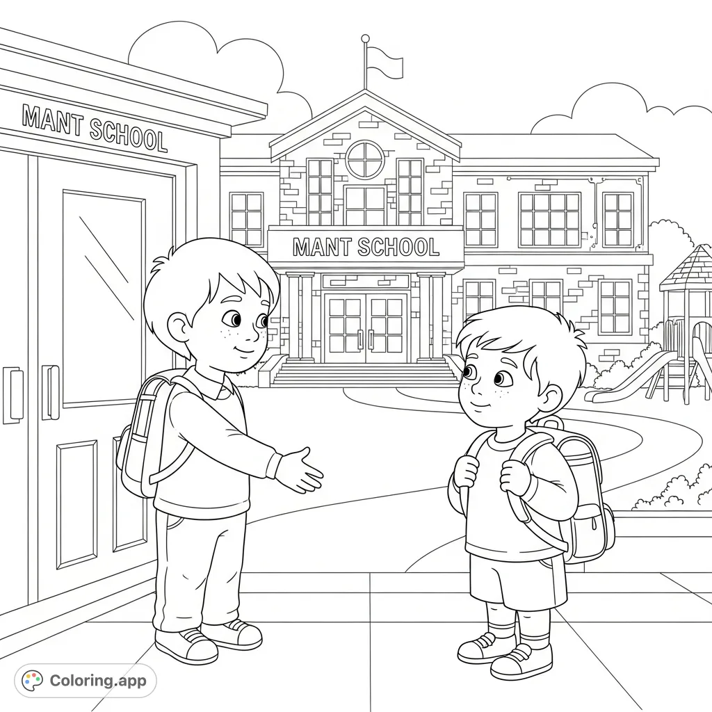 Welcome new friends to school with this heartwarming coloring page. Featuring two children and a detailed school setting, perfect for all ages.