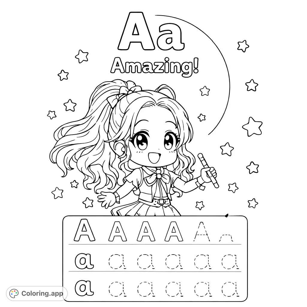 An amazing alphabet 'A' coloring page featuring a cheerful chibi character holding a microphone, surrounded by stars, with letter tracing practice.